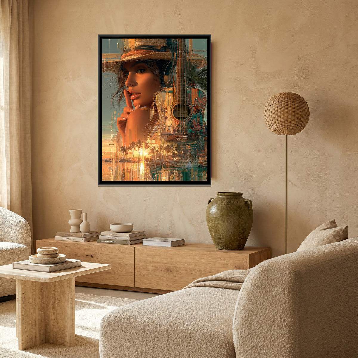 Woman with Guitar — canvas art shown in a second room setting