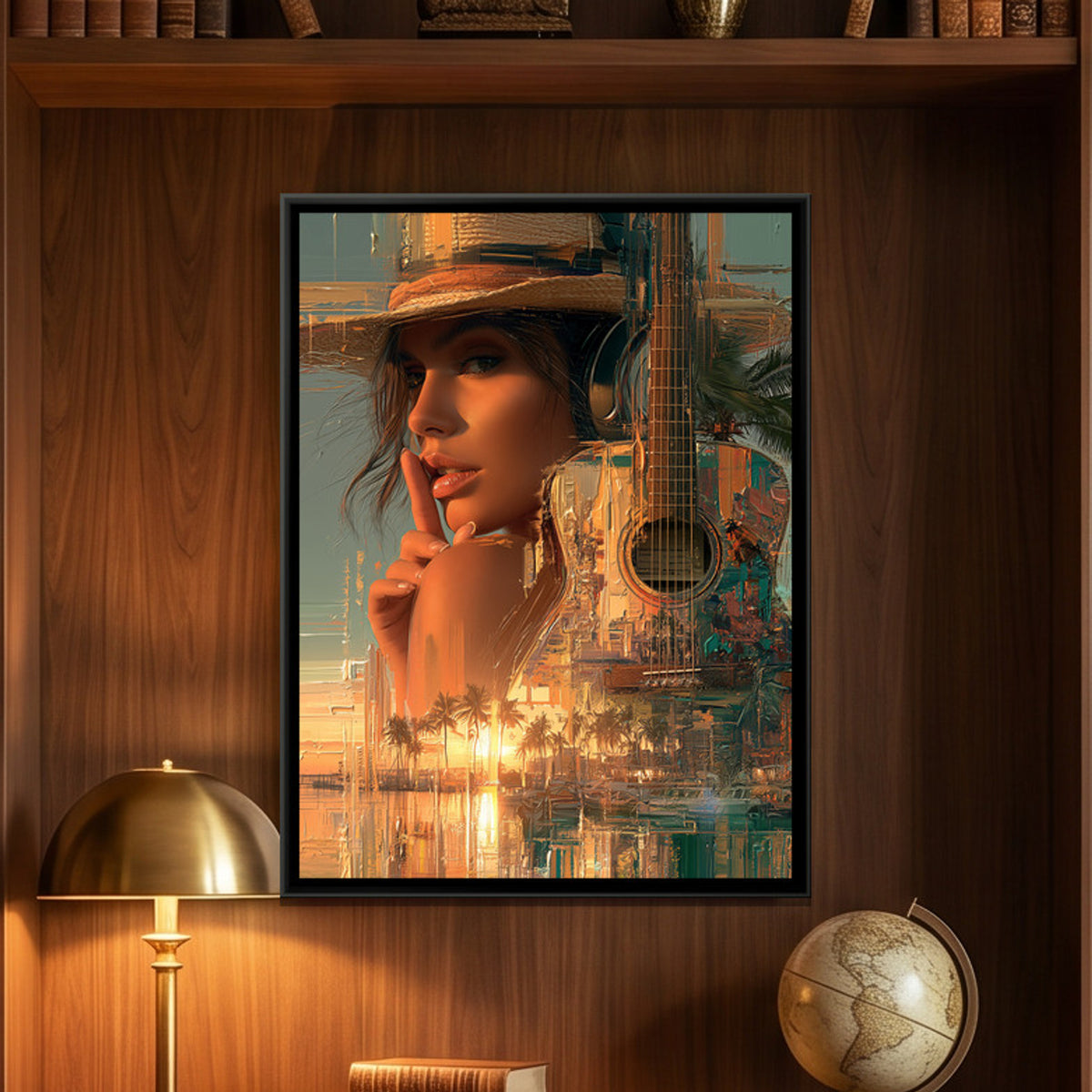 Woman with Guitar — framed canvas art hung on a wall