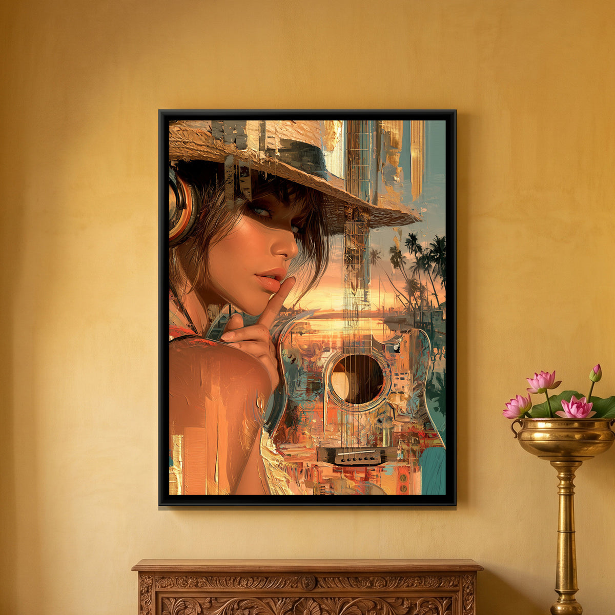 Woman with Guitar — framed canvas art hung on a wall