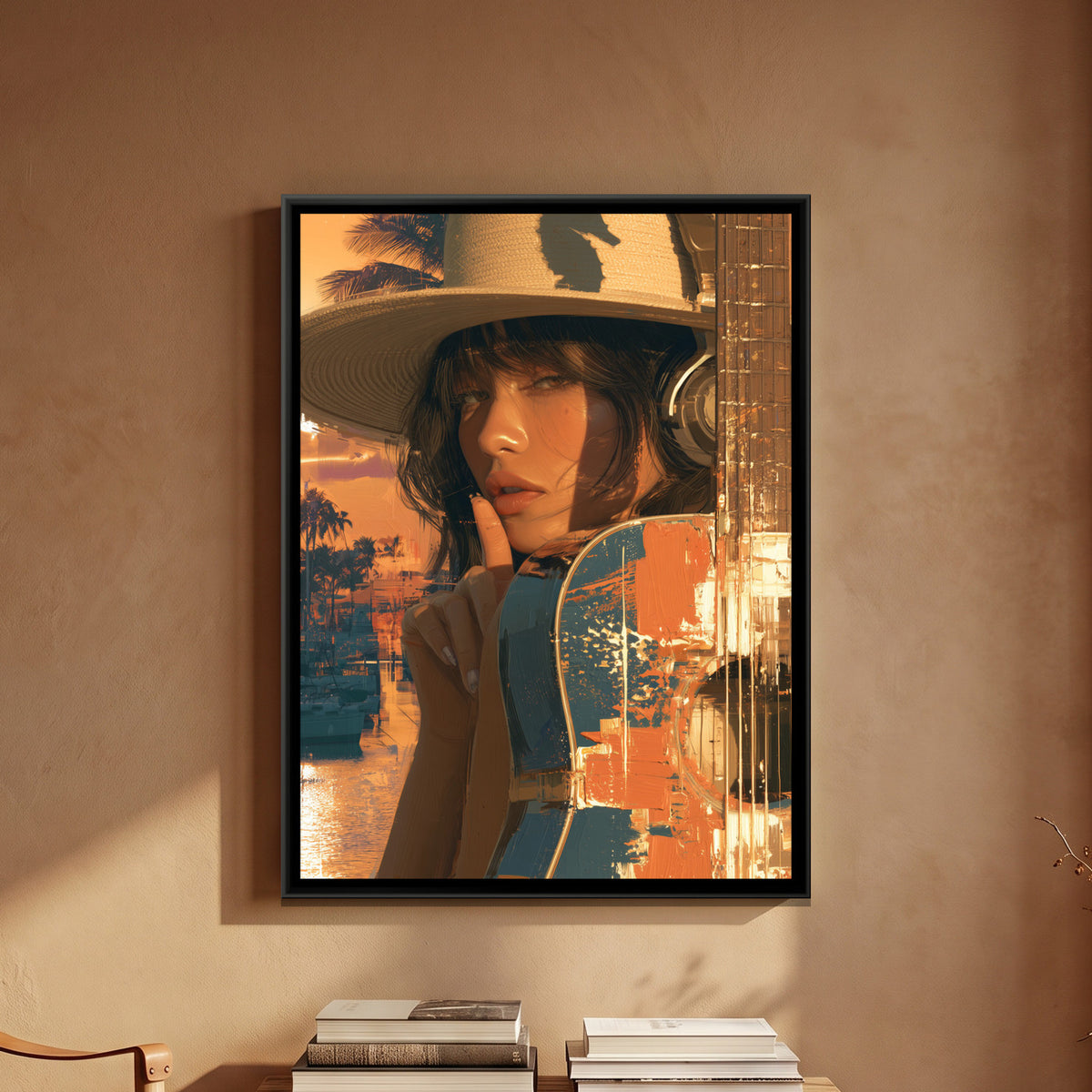 Woman with Guitar — framed canvas art hung on a wall