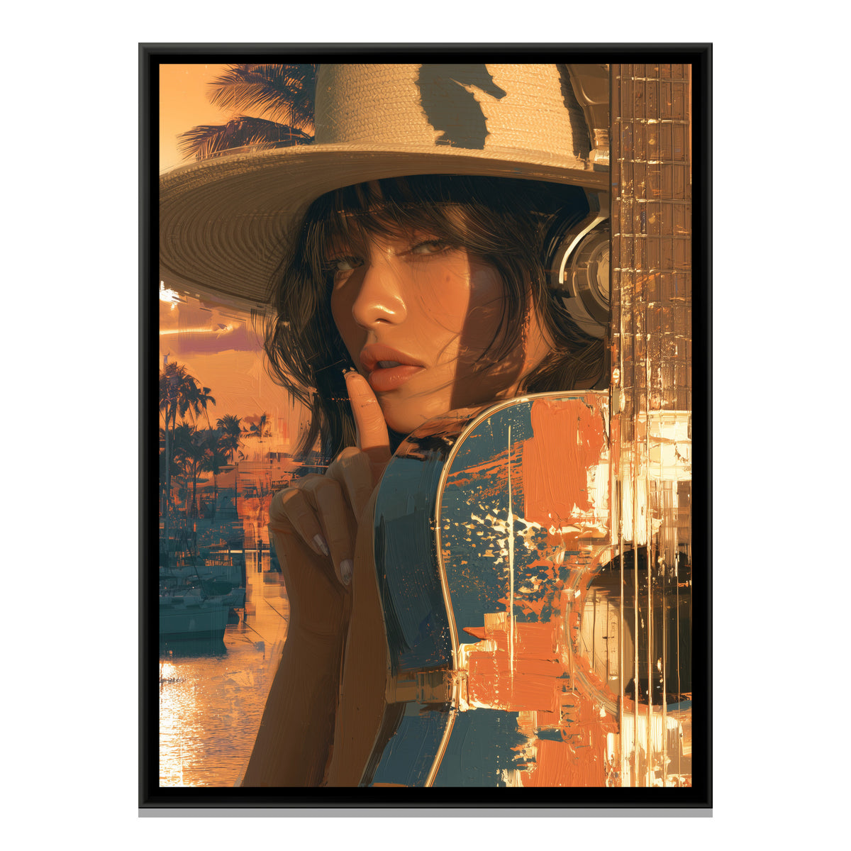 Woman with Guitar — framed canvas print, front view