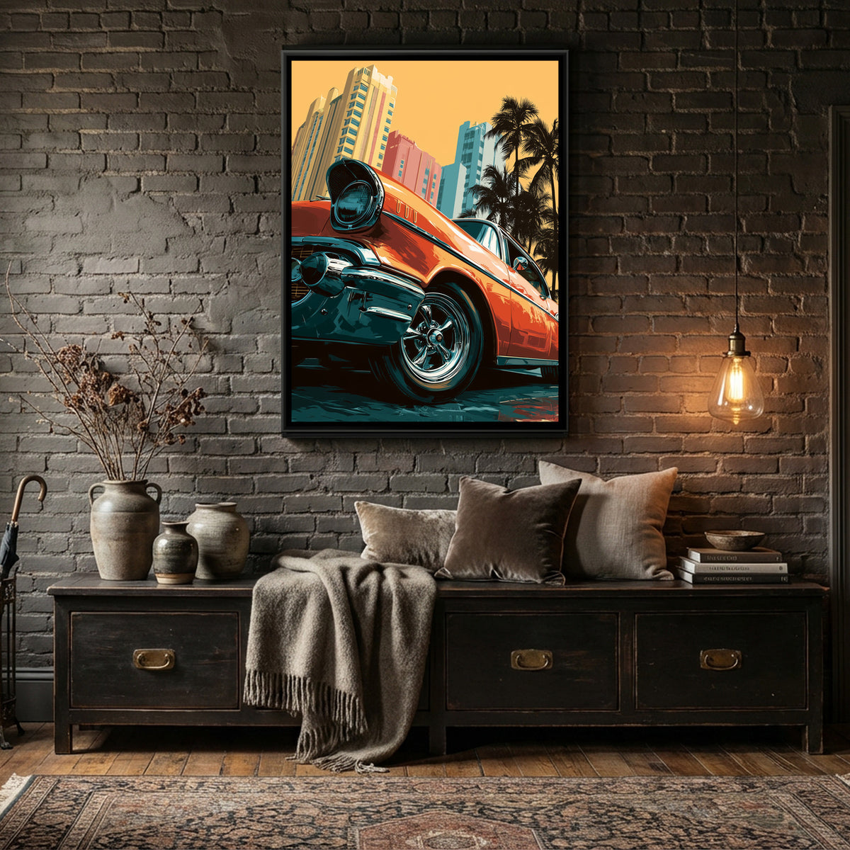 Vintage Car — canvas art shown in a second room setting