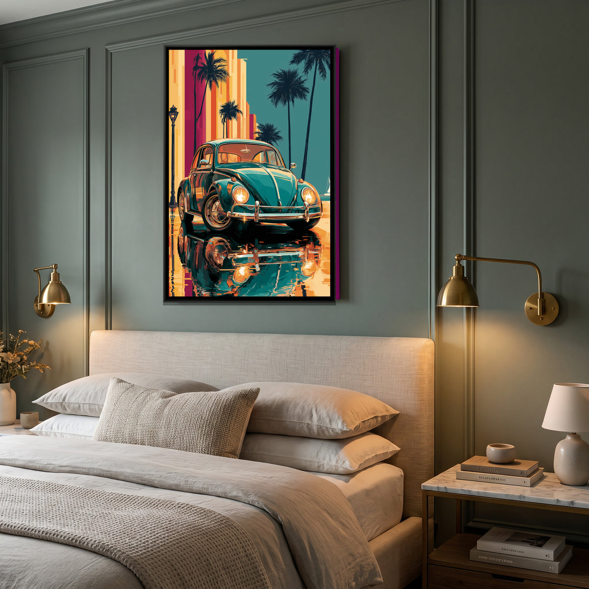 Vintage Beetle Car — canvas art shown in a styled room