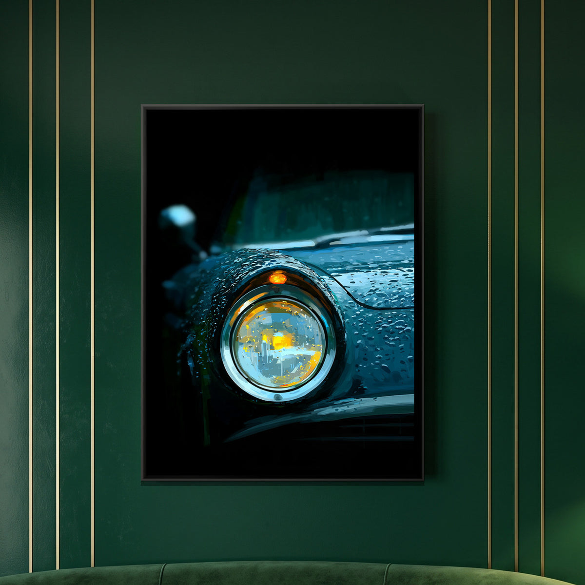 Vintage Car Headlight — framed canvas art hung on a wall