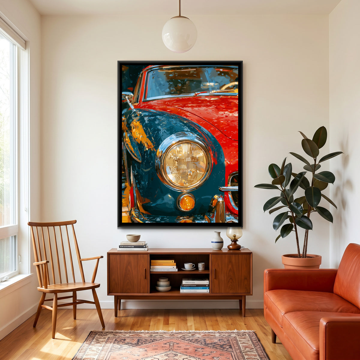 Vintage Car Headlight — canvas art shown in a styled room