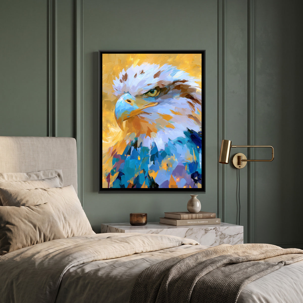 Eagle Head — canvas art shown in a styled room