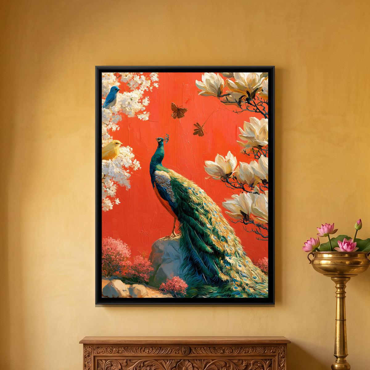 Chinoiserie Peacock — framed canvas art hung on a wall