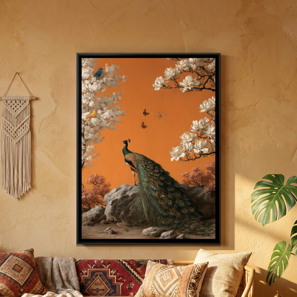 Chinoiserie Peacock — framed canvas art hung on a wall