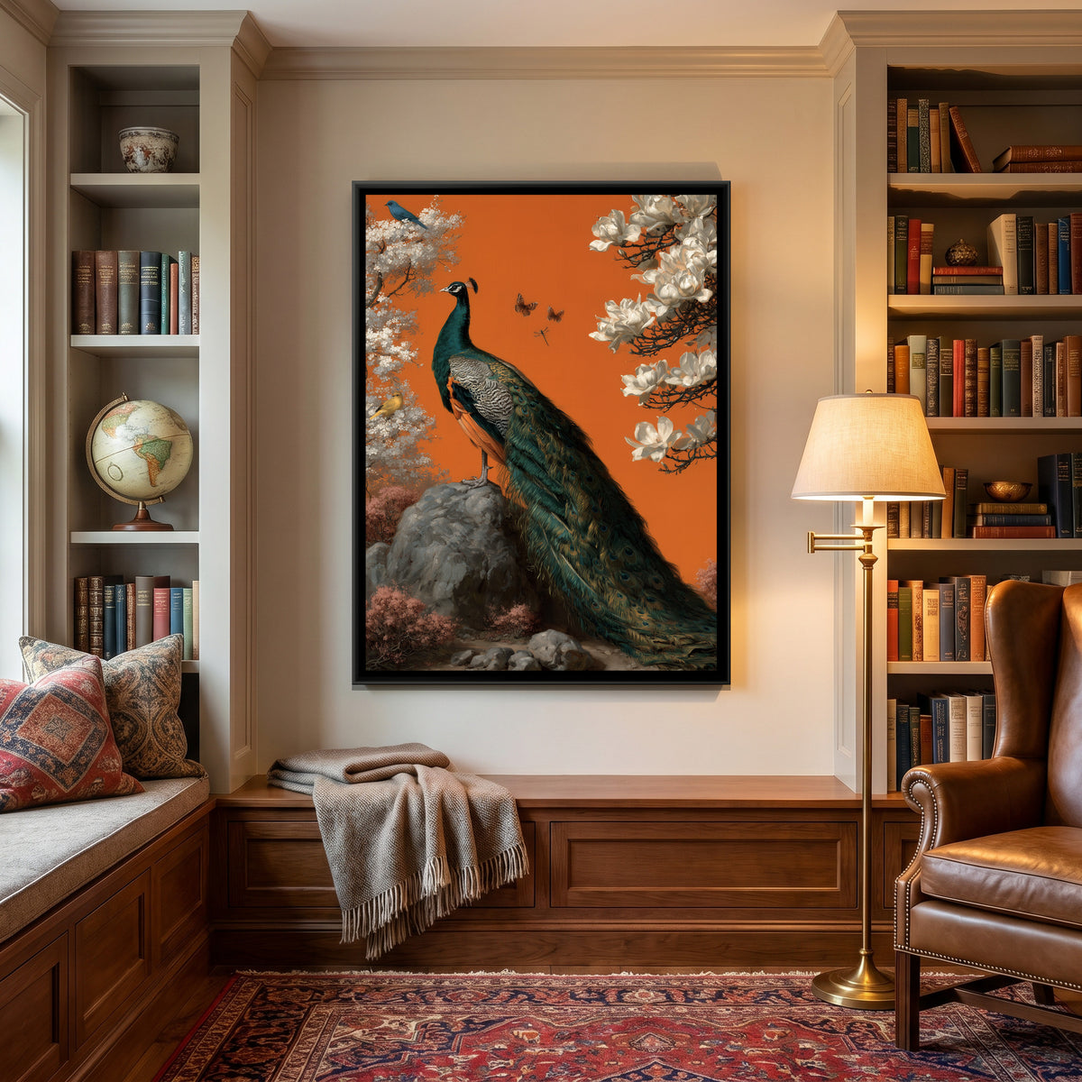 Chinoiserie Peacock — canvas art shown in a styled room