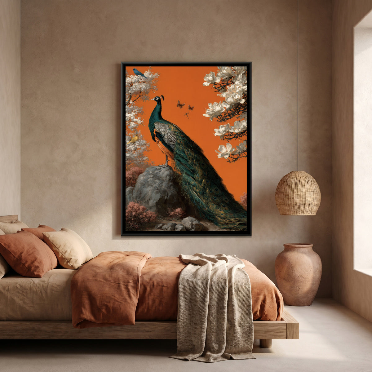 Chinoiserie Peacock — canvas art shown in a second room setting