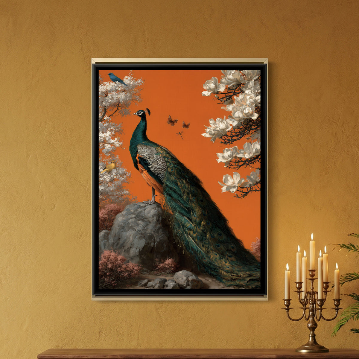 Chinoiserie Peacock — framed canvas art hung on a wall