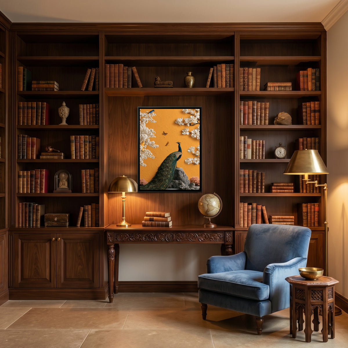 Chinoiserie Peacock — canvas art shown in a styled room