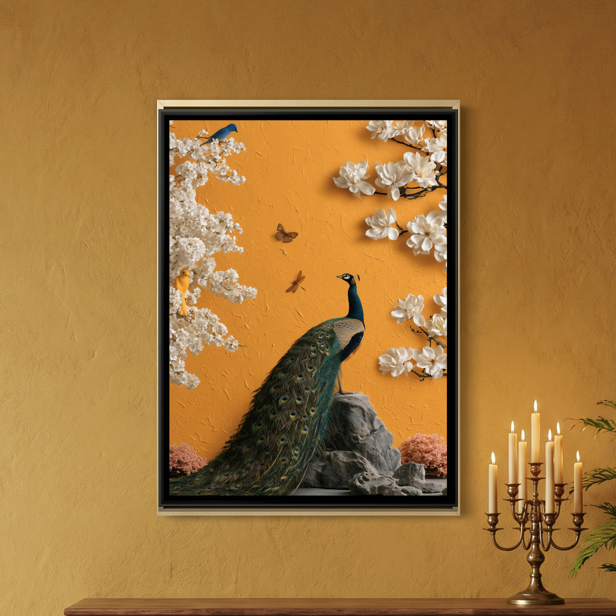 Chinoiserie Peacock — framed canvas art hung on a wall