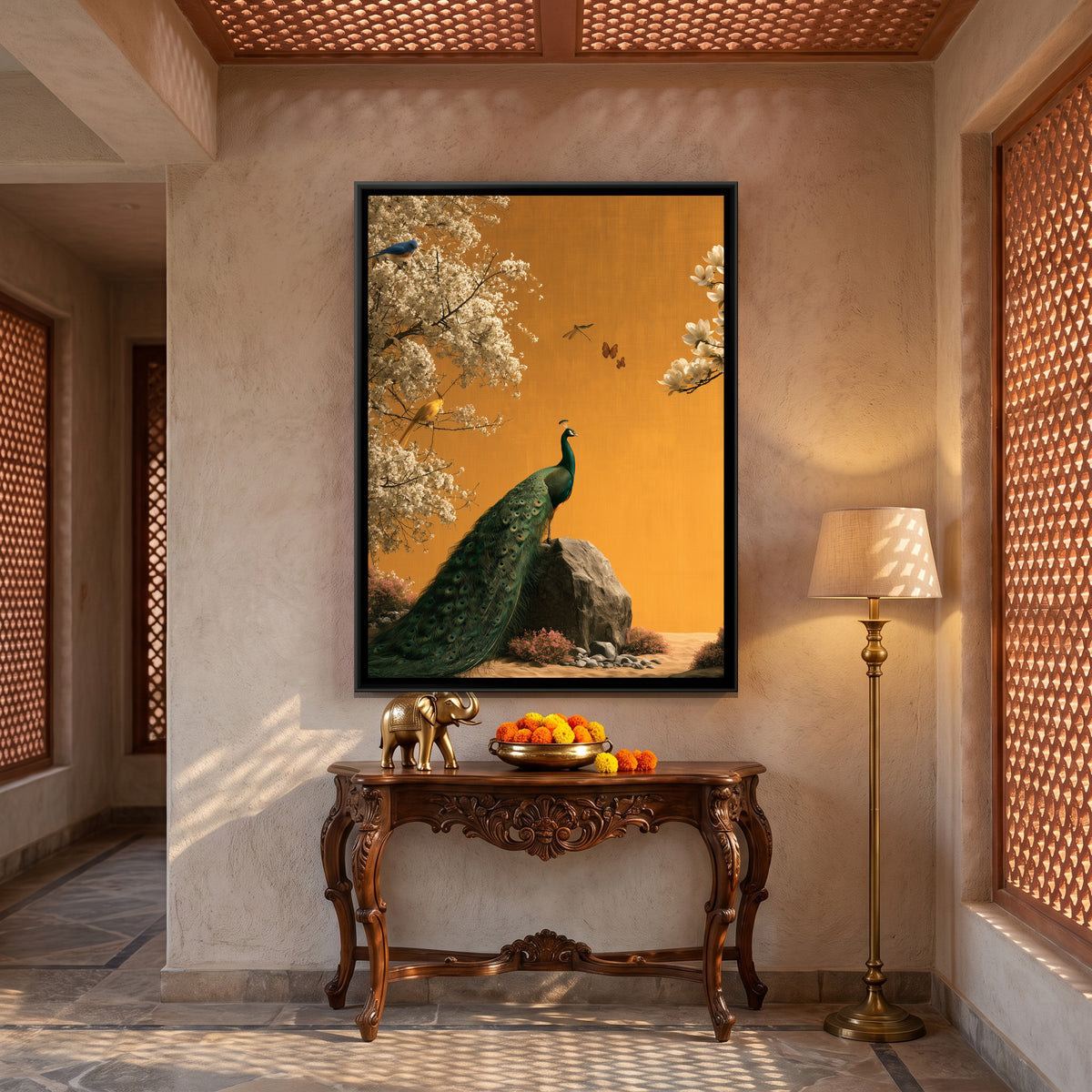 Chinoiserie Peacock — canvas art shown in a second room setting