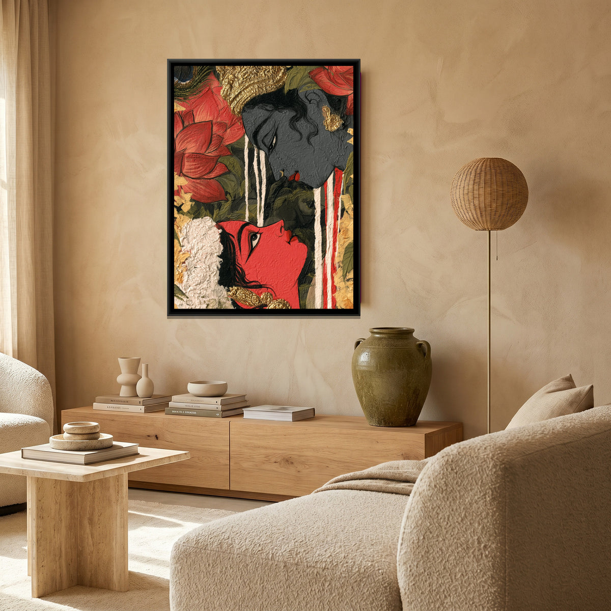 Shri Radha Krishna — canvas art shown in a styled room