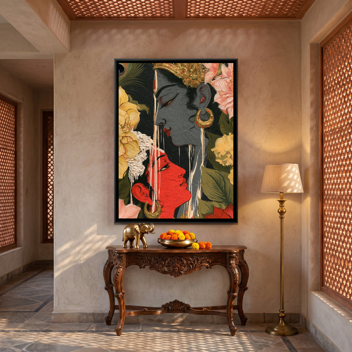 Shri Radha Krishna — canvas art shown in a styled room