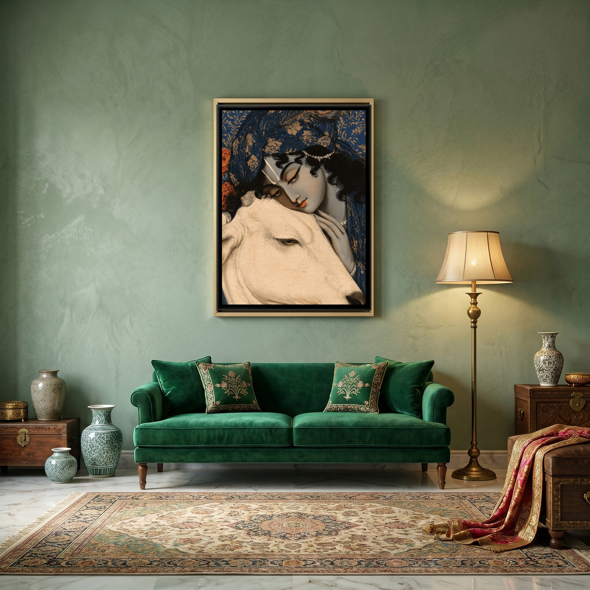 Shri Krishna with Cow — canvas art shown in a styled room