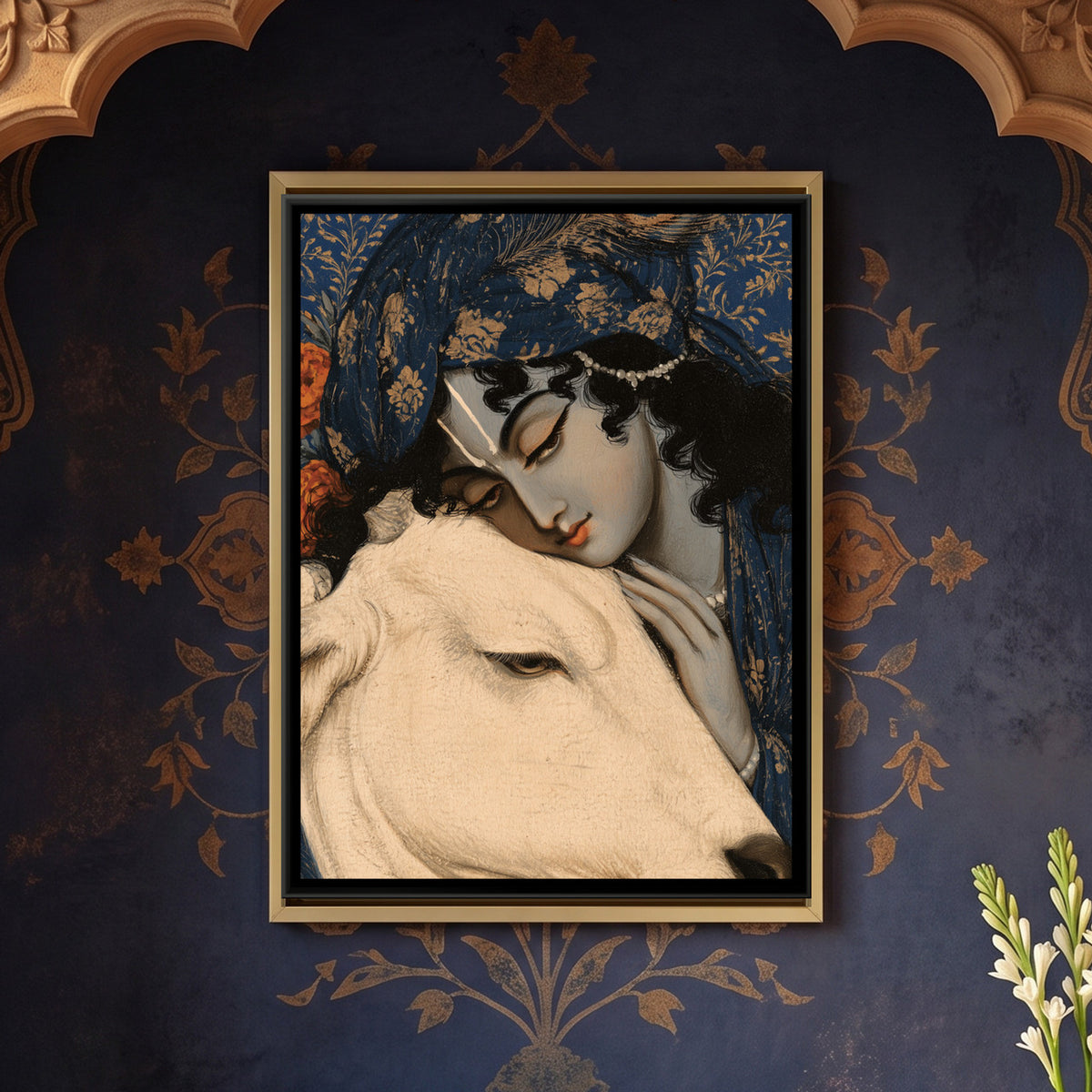 Shri Krishna with Cow — framed canvas art hung on a wall