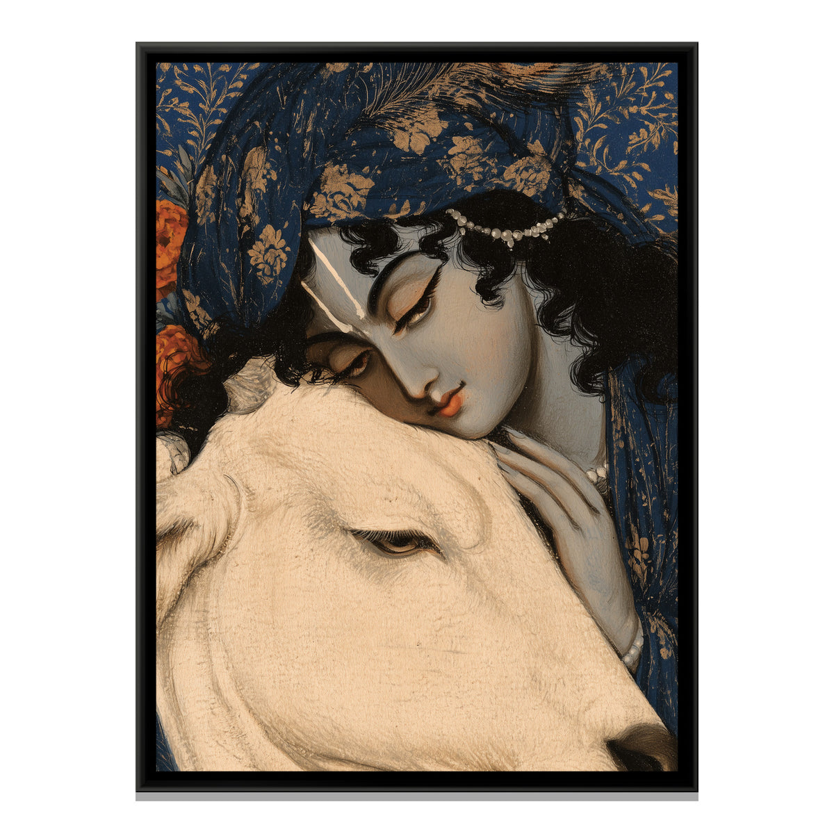 Shri Krishna with Cow — framed canvas print, front view