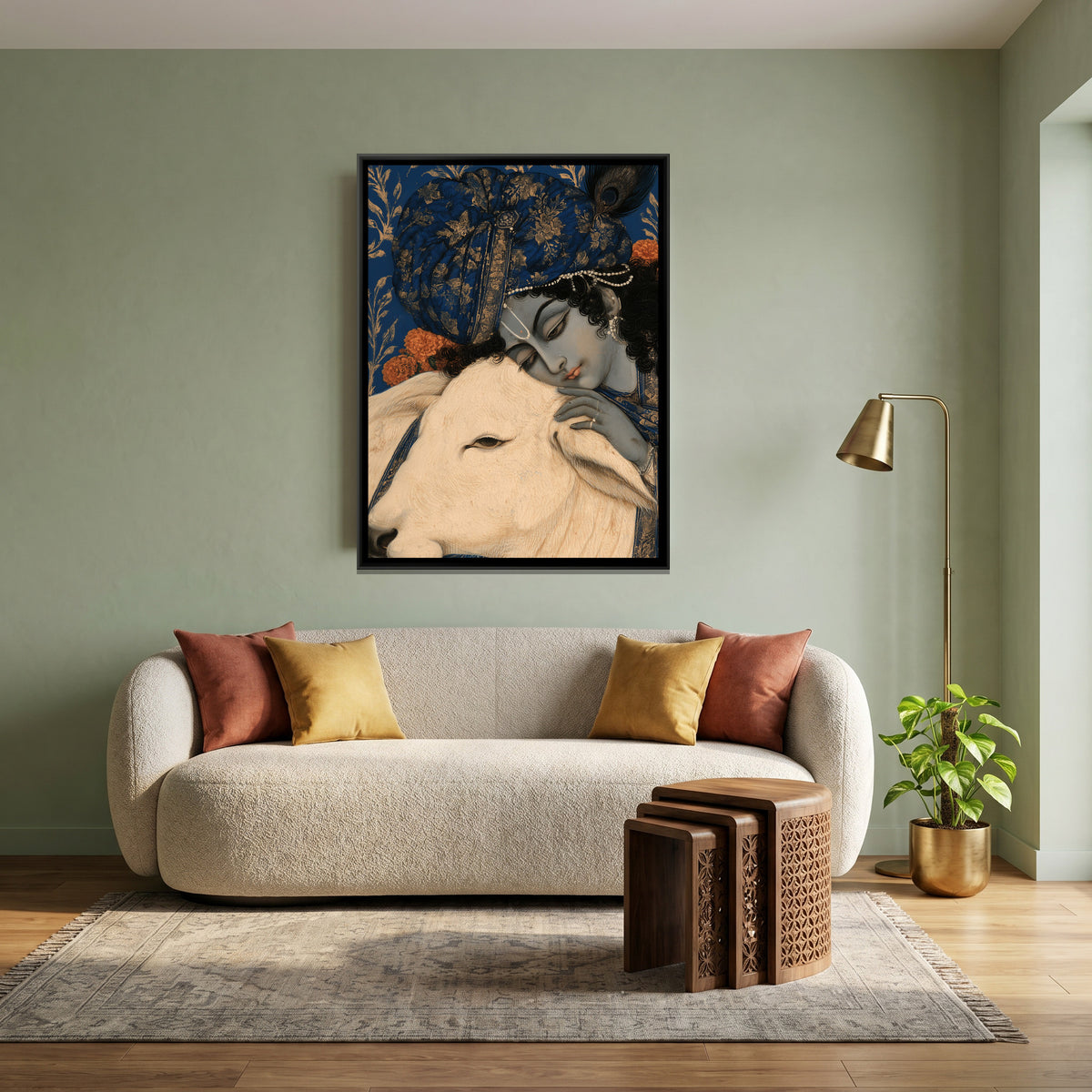 Shri Krishna with Cow — canvas art shown in a styled room