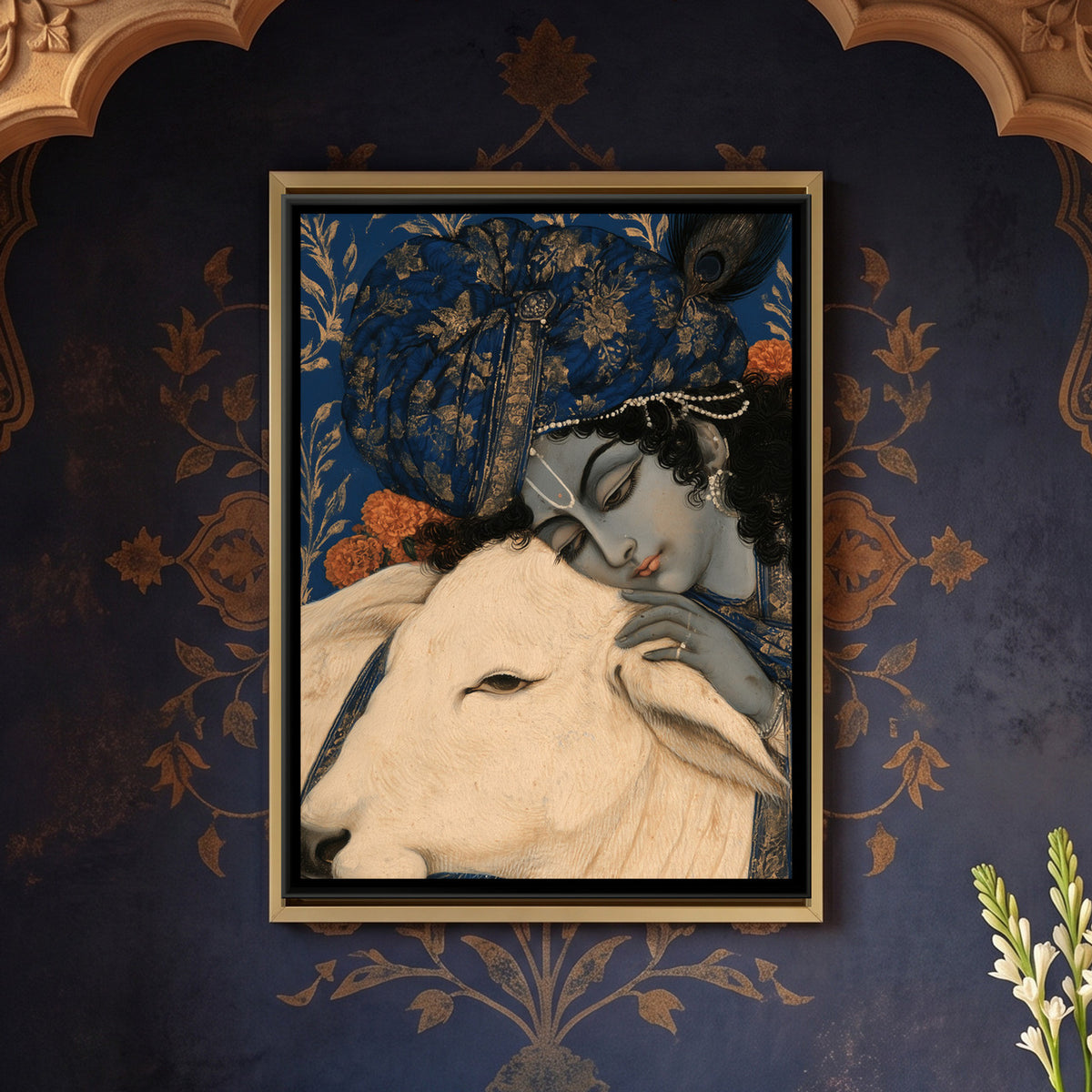 Shri Krishna with Cow — framed canvas art hung on a wall