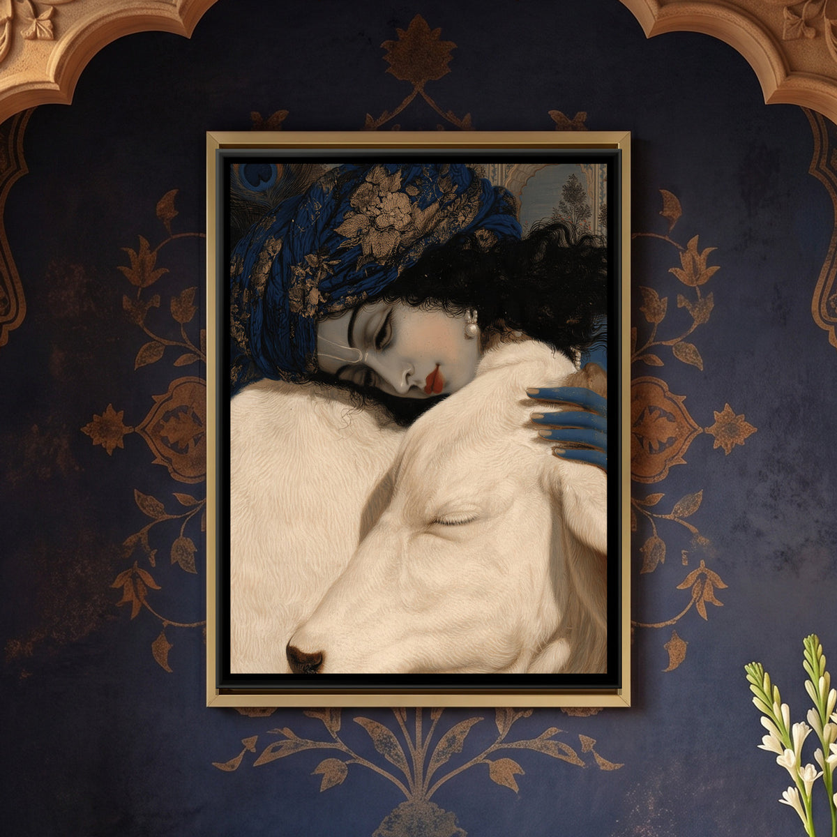 Shri Krishna with Cow — framed canvas art hung on a wall