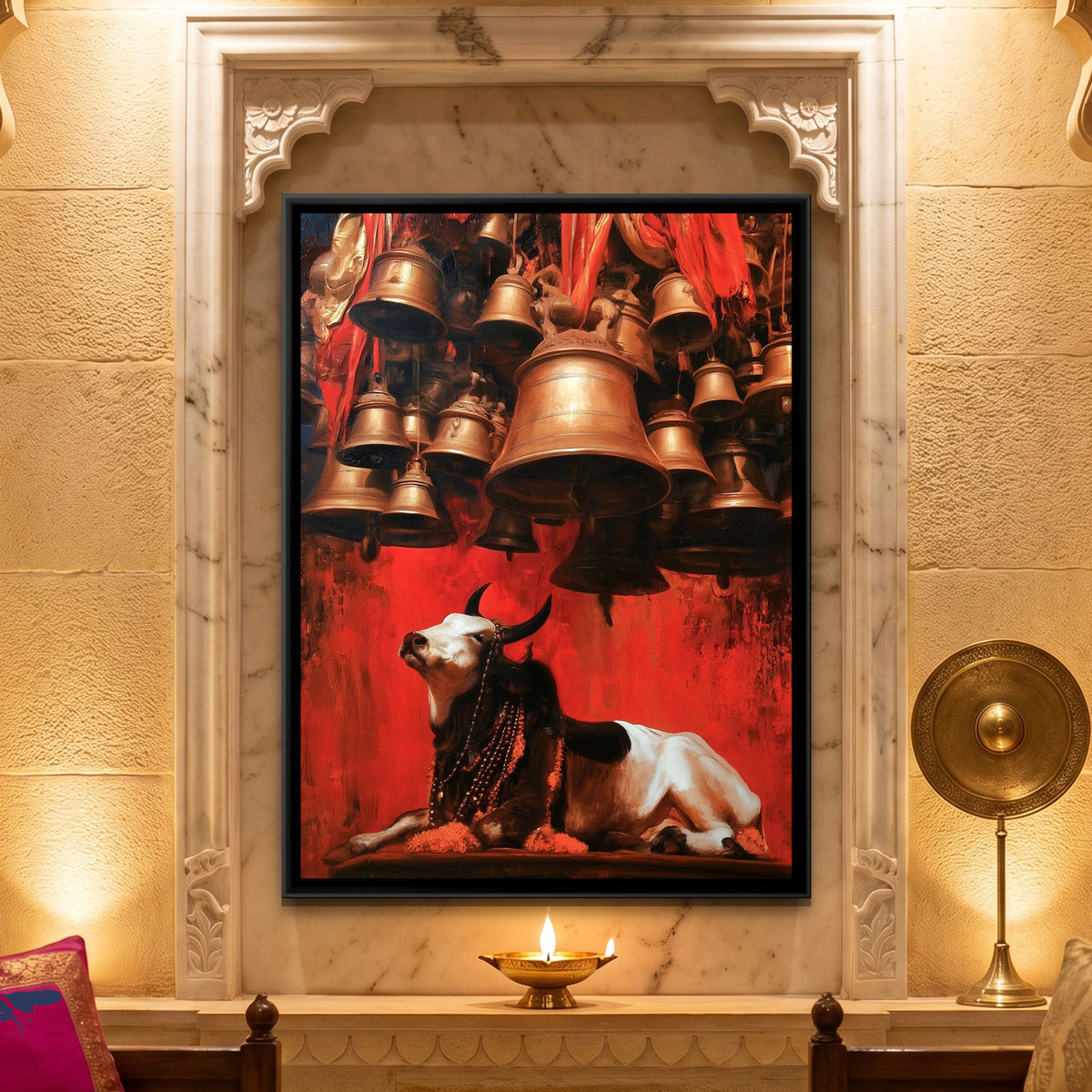 Nandi Ji Under Temple Bells — framed canvas art hung on a wall