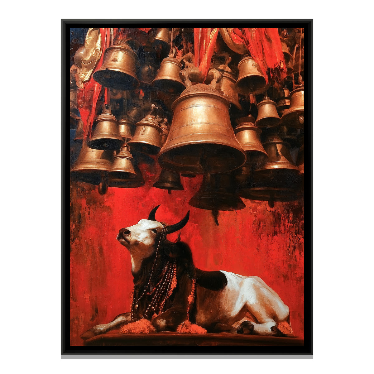 Nandi Ji Under Temple Bells — framed canvas print, front view