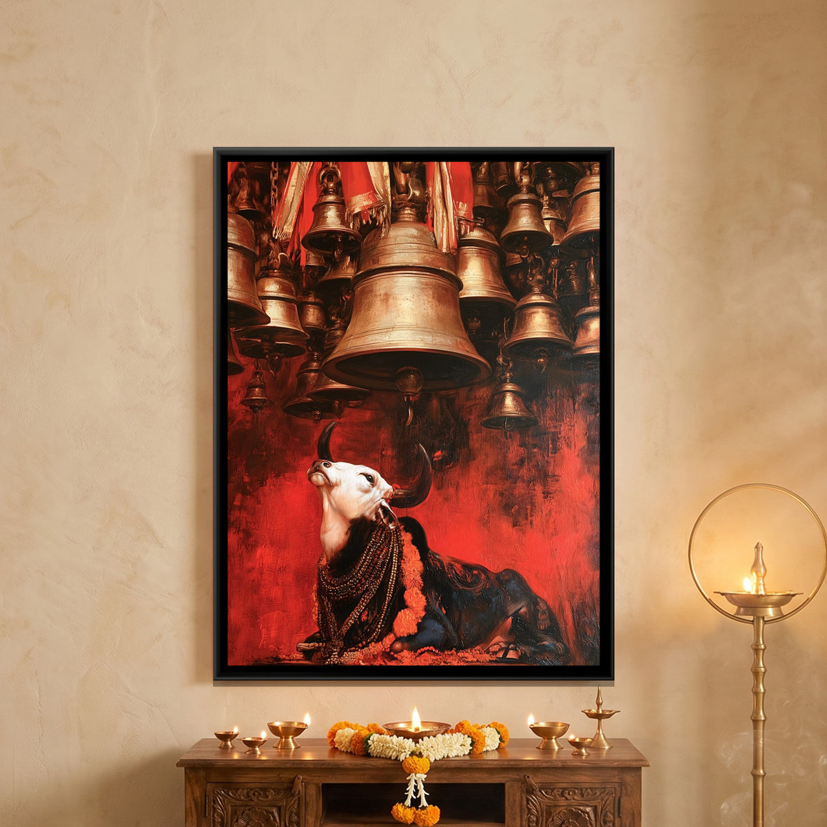 Nandi Ji Under Temple Bells — framed canvas art hung on a wall