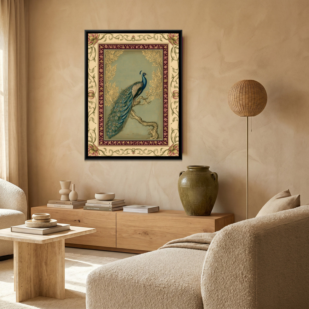Mughal Peacock — canvas art shown in a styled room