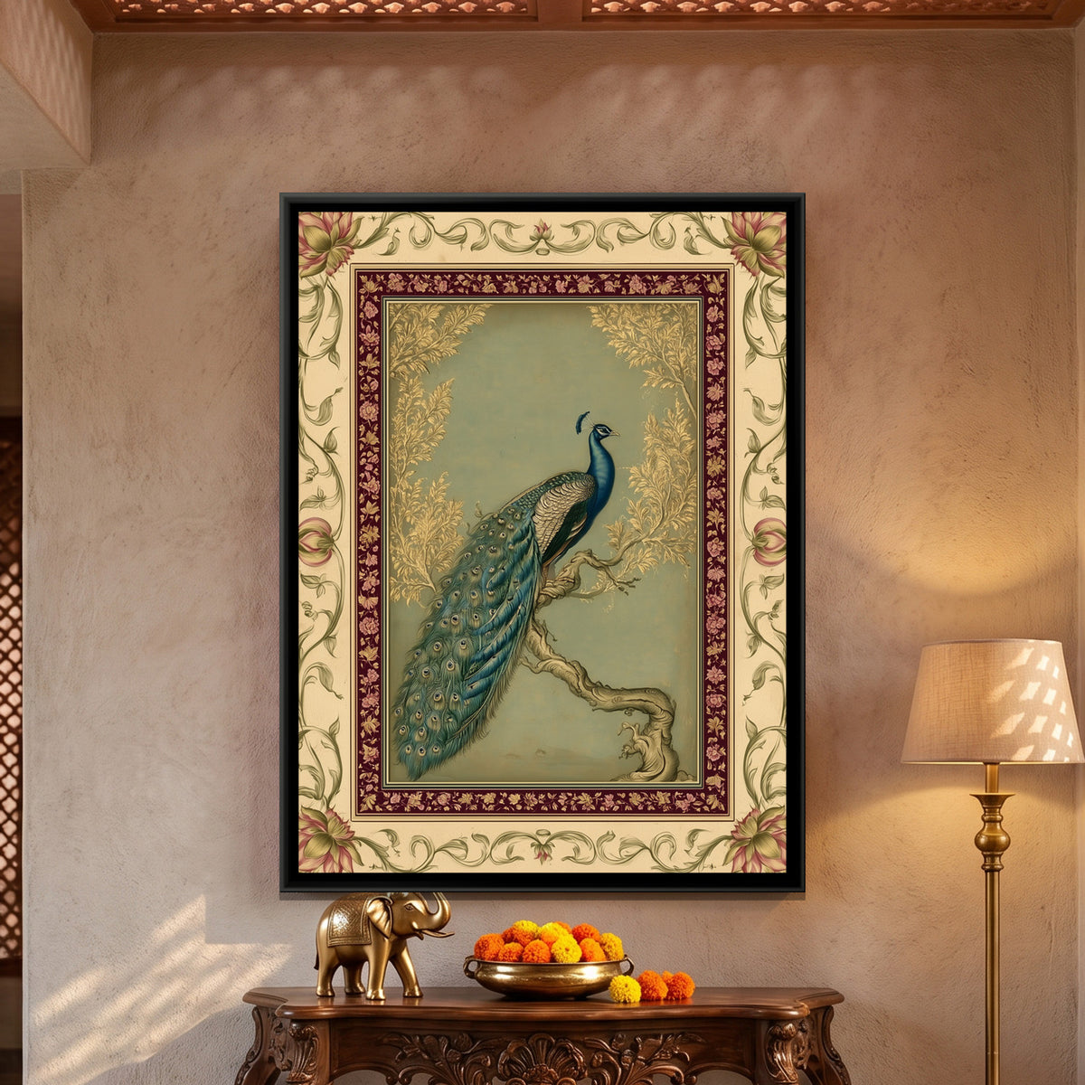 Mughal Peacock — framed canvas art hung on a wall