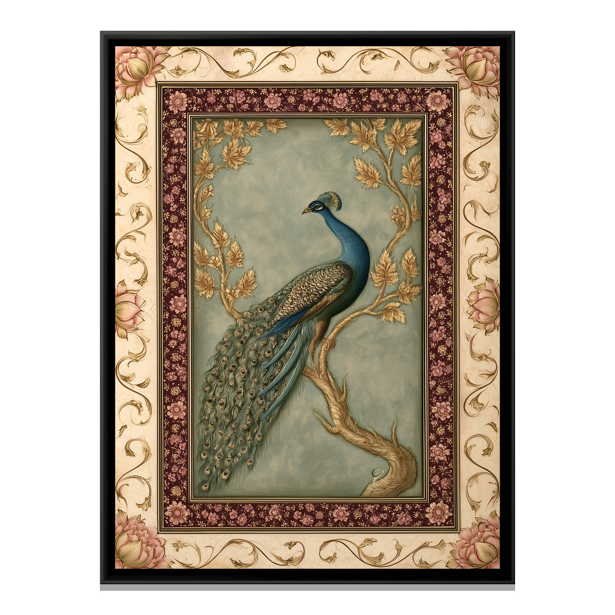 Mughal Peacock — framed canvas print, front view