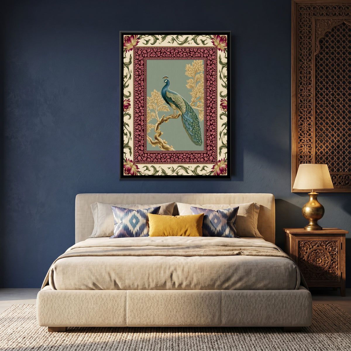 Mughal Peacock — canvas art shown in a second room setting