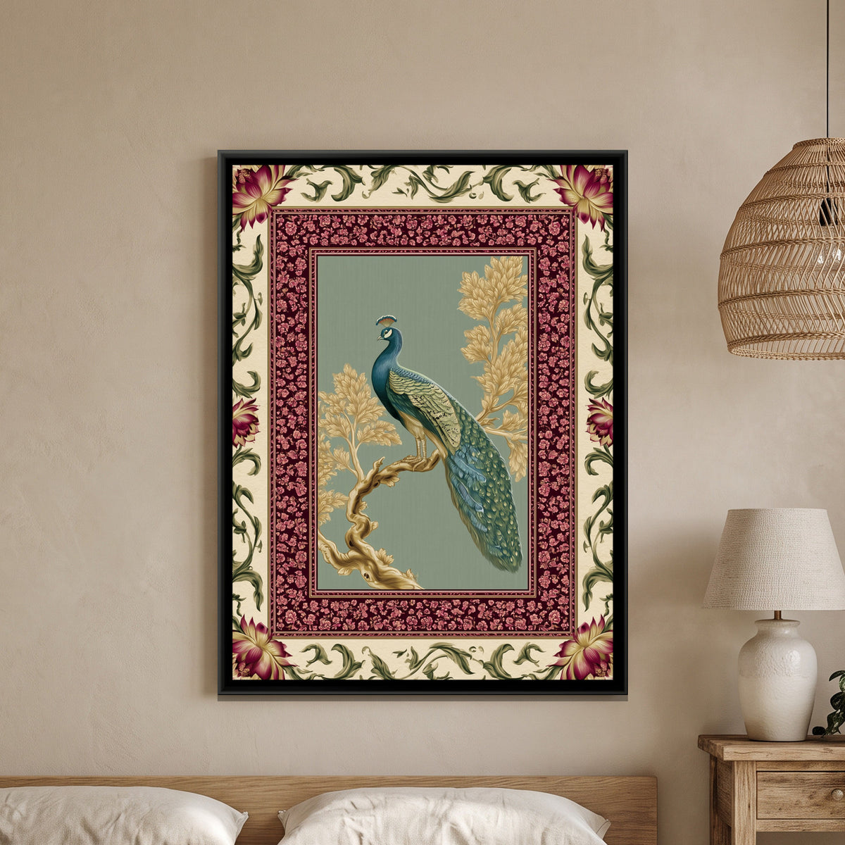 Mughal Peacock — framed canvas art hung on a wall
