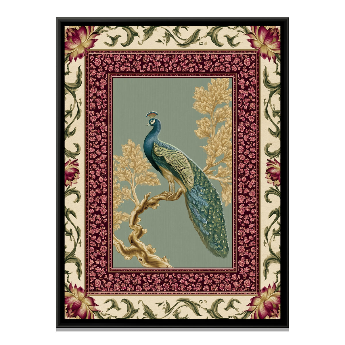 Mughal Peacock — framed canvas print, front view