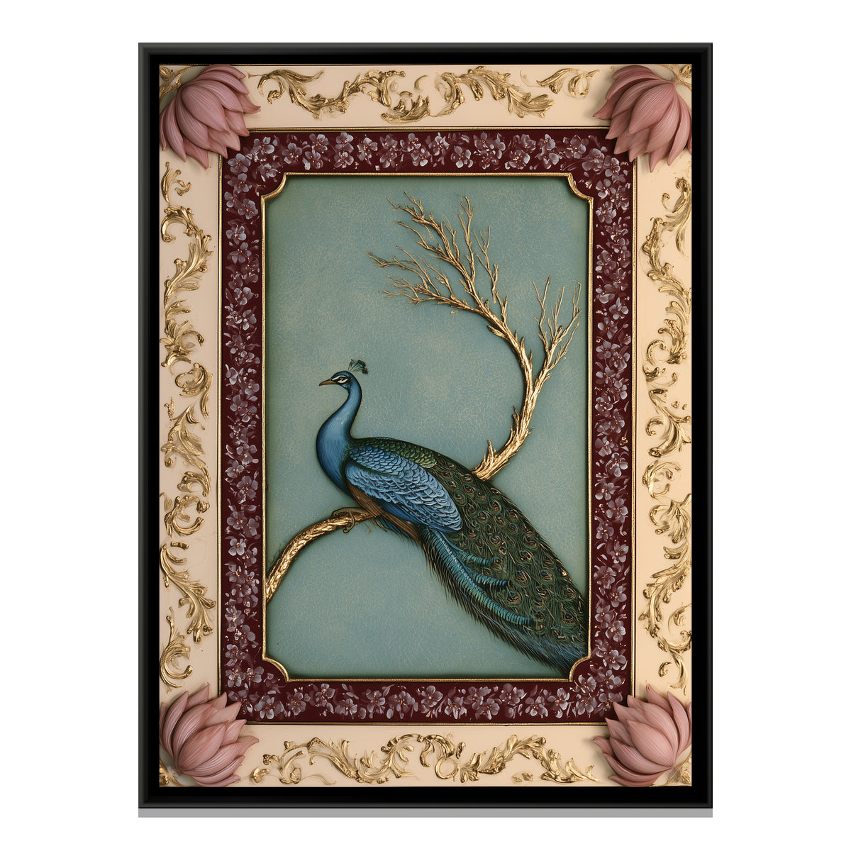 Mughal Peacock — framed canvas print, front view