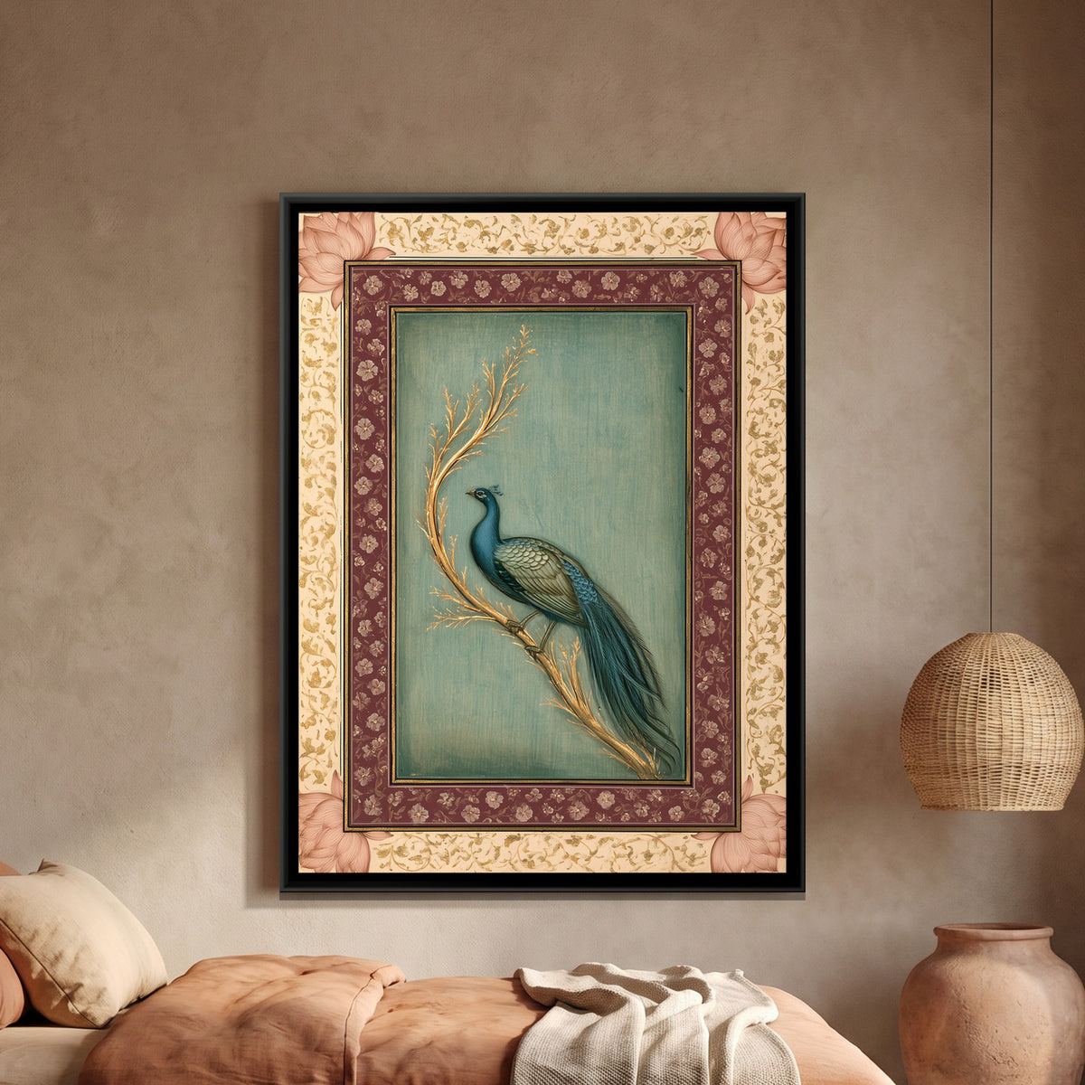 Mughal Peacock — framed canvas art hung on a wall