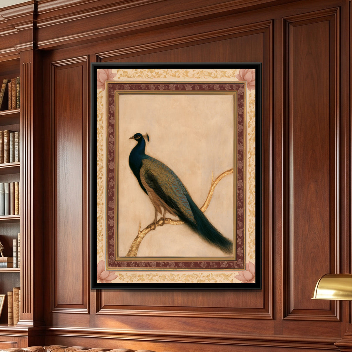 Mughal Peacock — framed canvas art hung on a wall