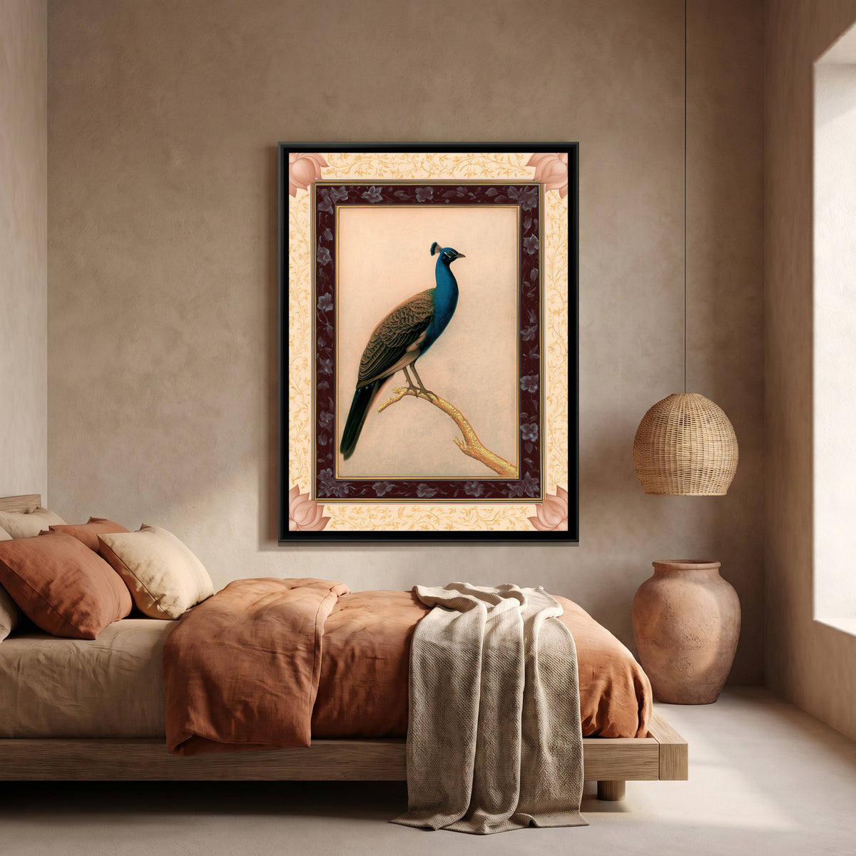 Mughal Peacock — canvas art shown in a styled room