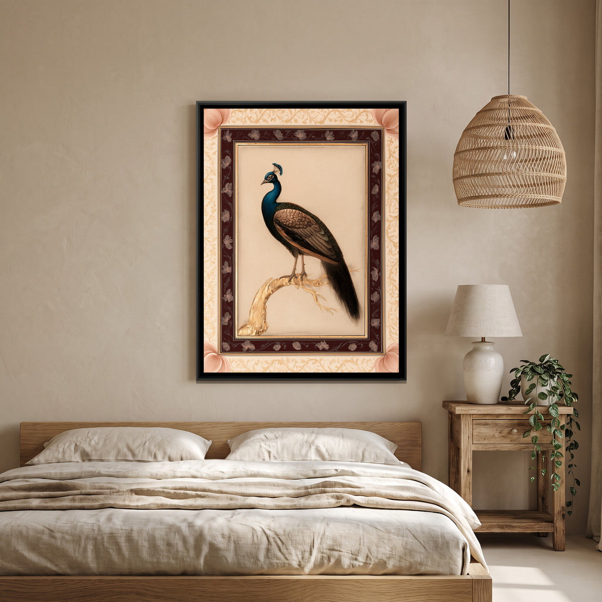 Mughal Peacock — canvas art shown in a styled room