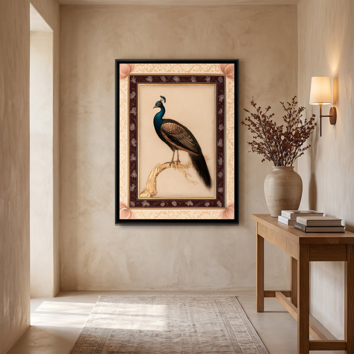 Mughal Peacock — canvas art shown in a second room setting
