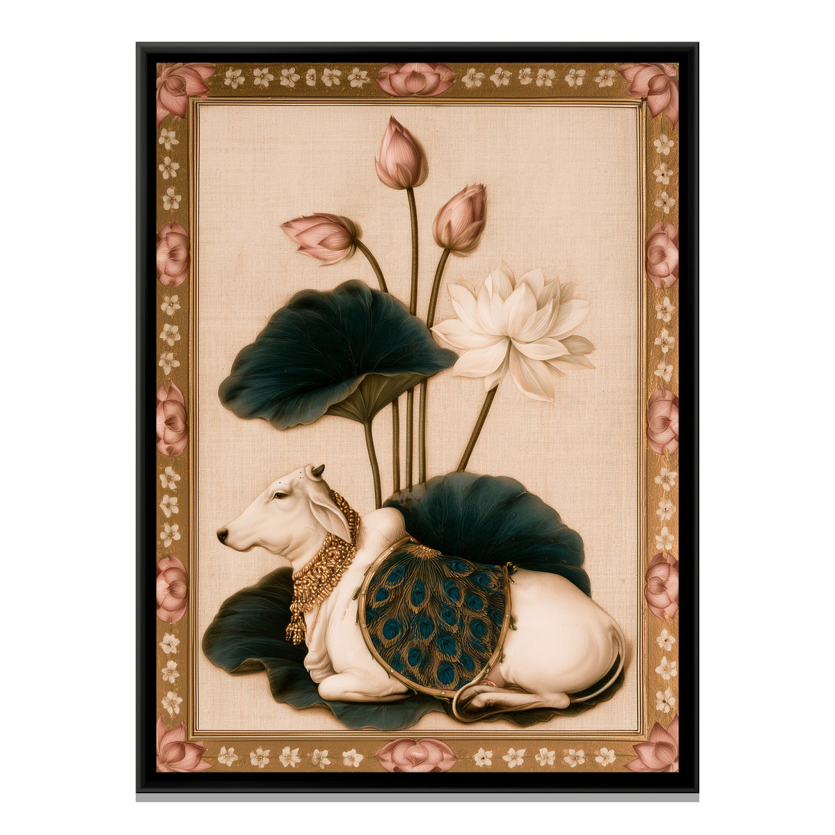 Pichwai Cow with Lotus — framed canvas print, front view