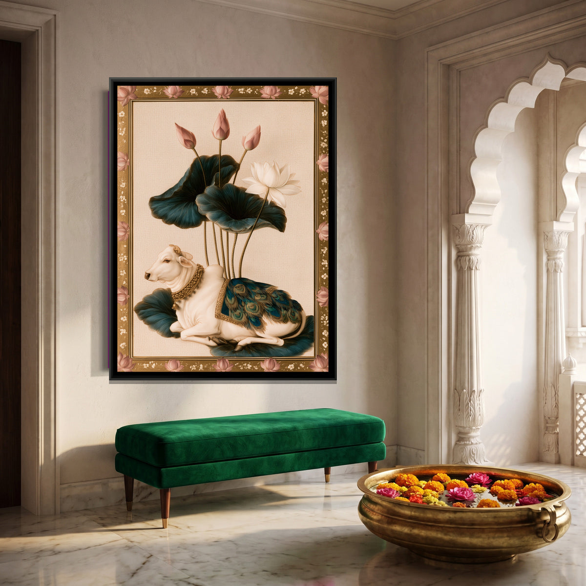 Pichwai Cow with Lotus — canvas art shown in a styled room