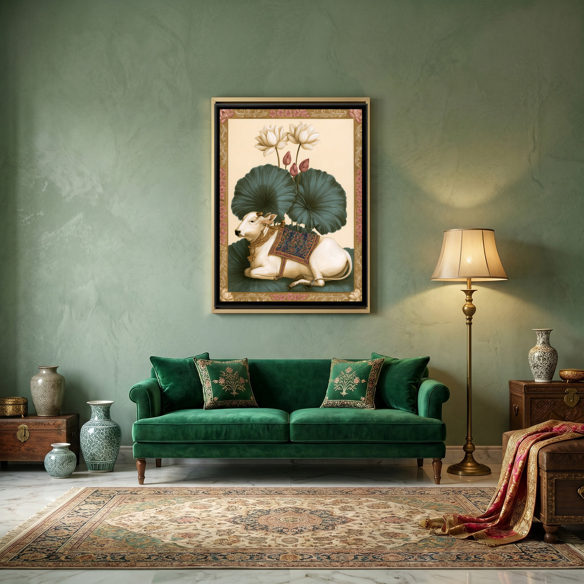 Pichwai Cow with Lotus — canvas art shown in a second room setting