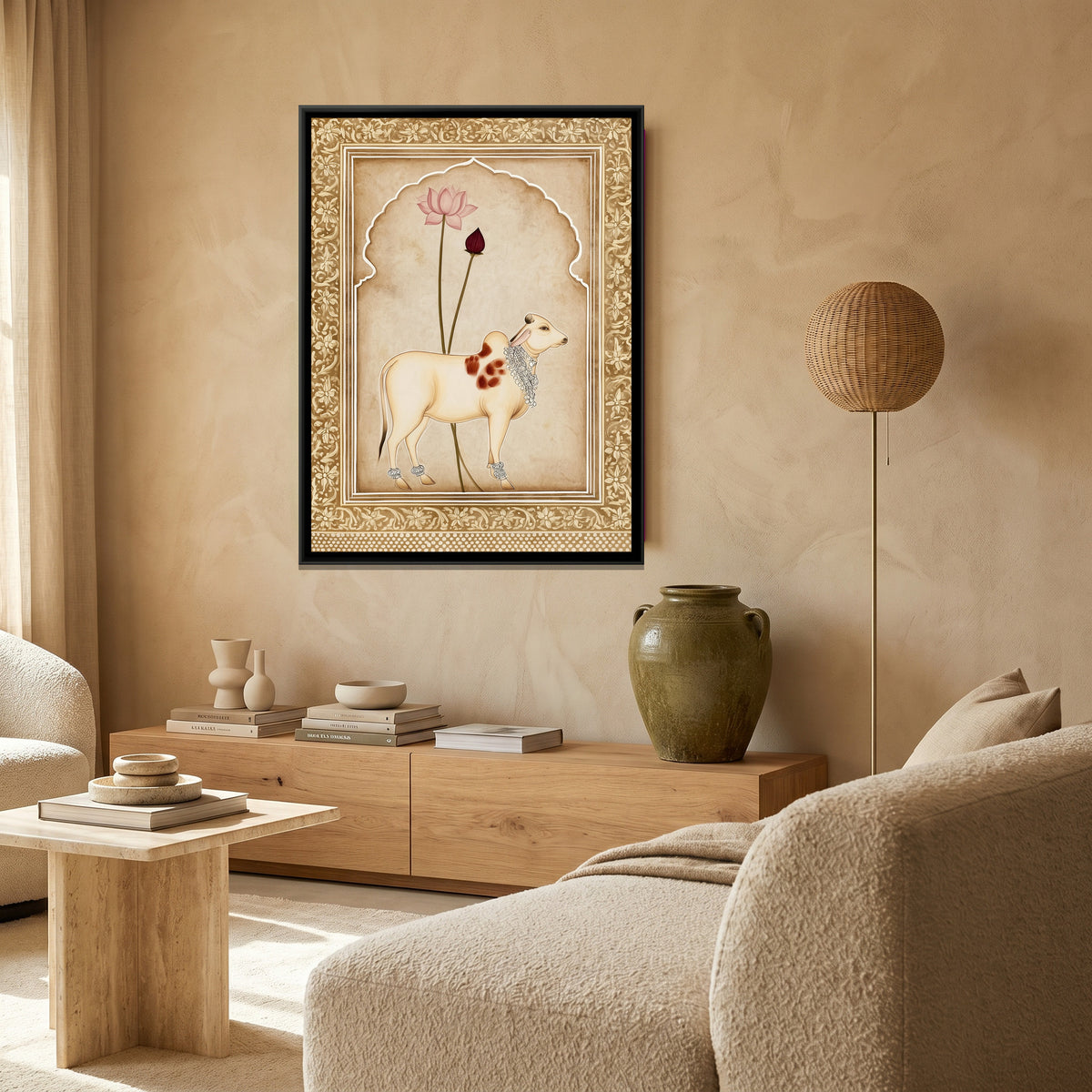 Pichwai Cow — canvas art shown in a styled room