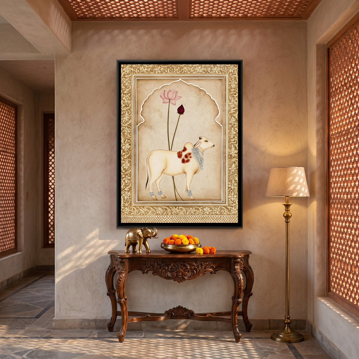 Pichwai Cow — canvas art shown in a second room setting