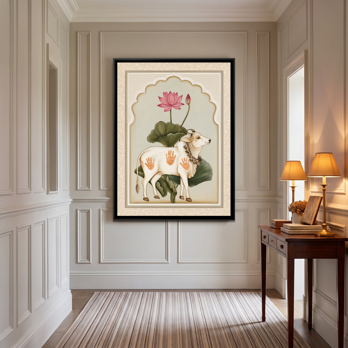 Pichwai Cow — canvas art shown in a second room setting