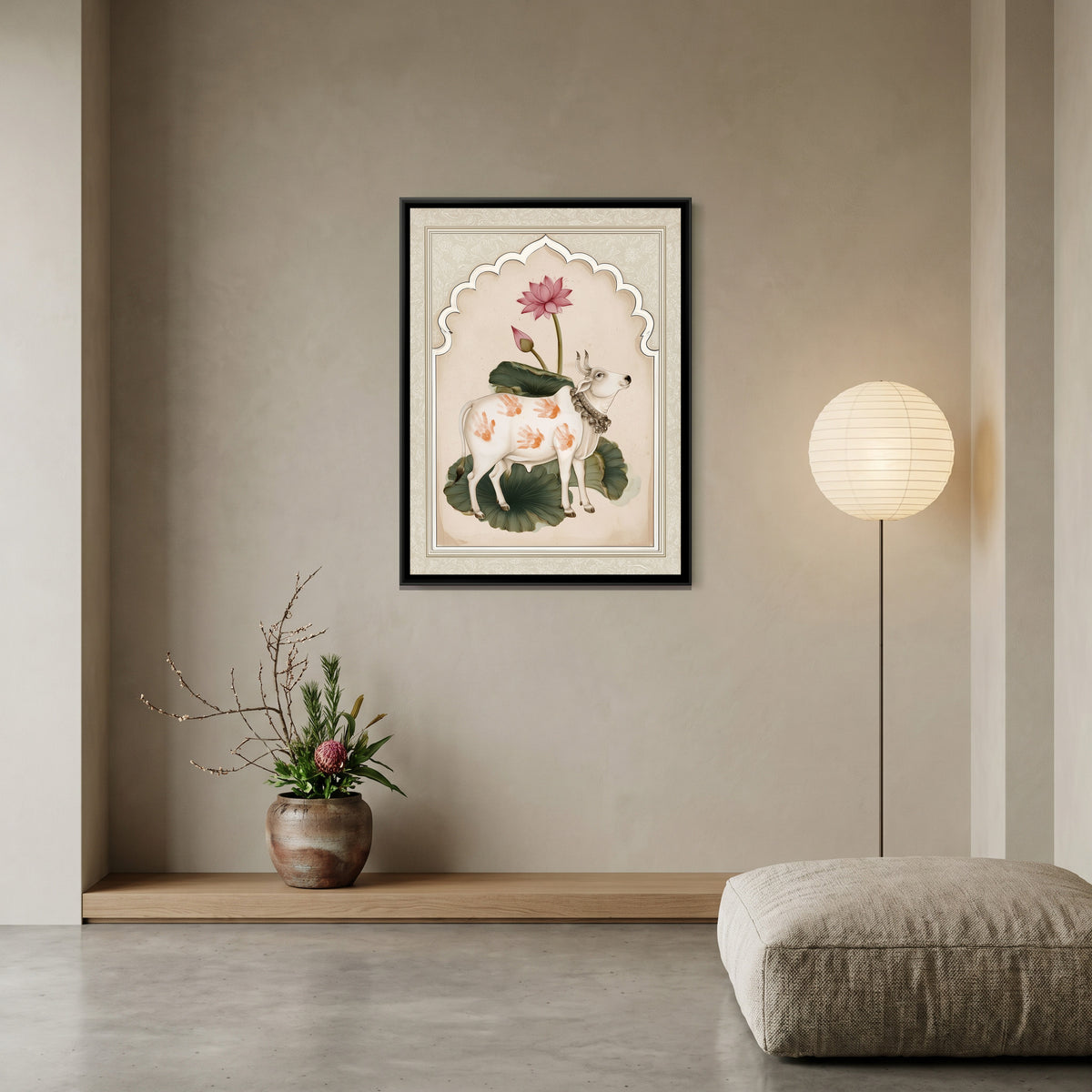 Pichwai Cow — canvas art shown in a second room setting