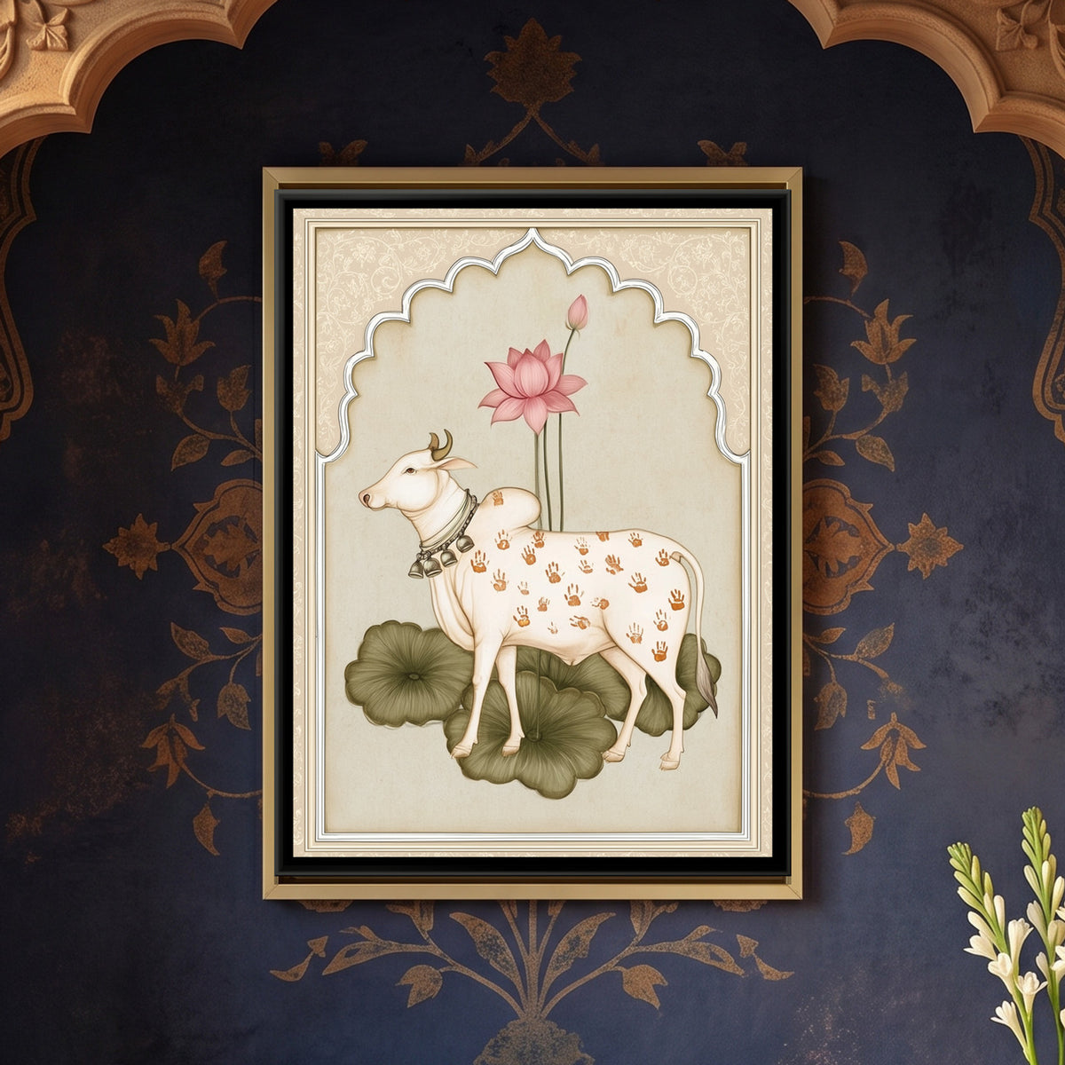 Pichwai Cow — framed canvas art hung on a wall