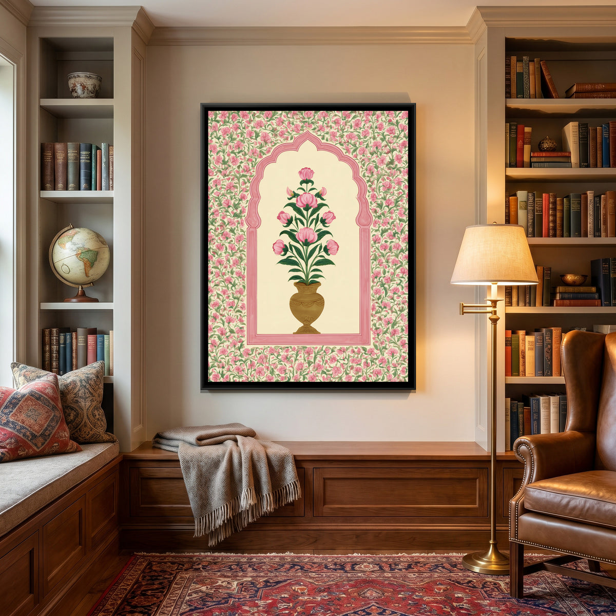 Mughal Flower Vase — canvas art shown in a styled room